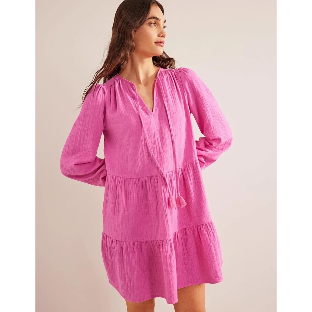 Boden Cheesecloth Mini Dress‎ Pink Cotton Gauze Coastal Preppy Womens UK 8 US 4L
